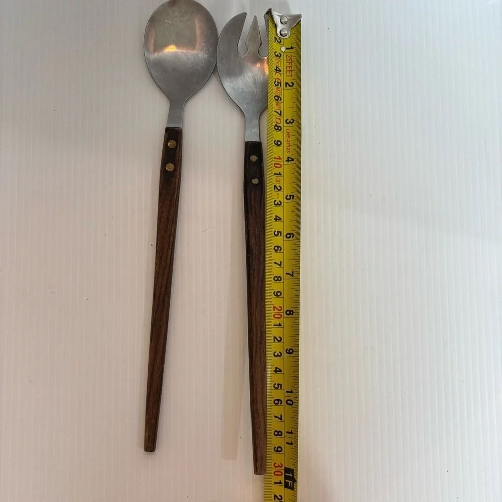 Vintage Salad Serving Set Wood Handle Stainless Rostfrei German MCM 11.5”